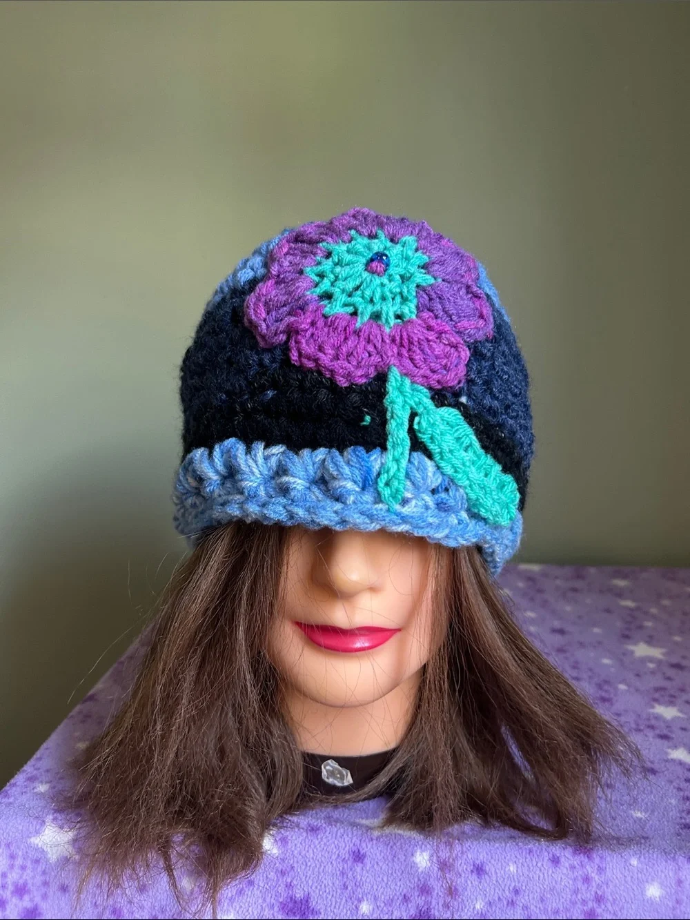 Crocheted Blue & Purple Flower Beanie medium acrylic beanie